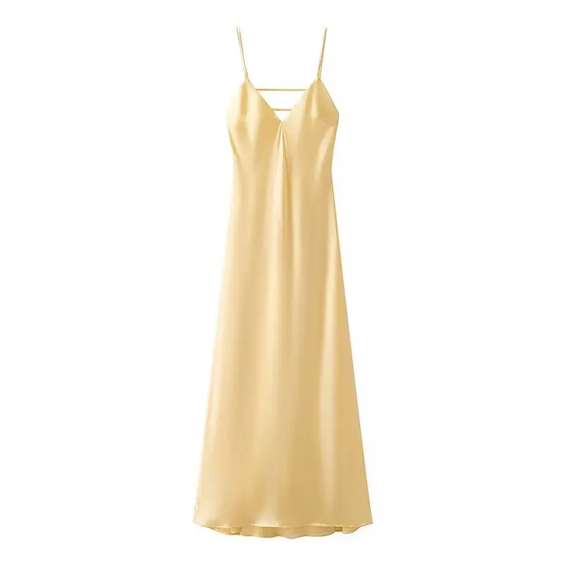 HH Pink Stain Sling Dresses Women Elegant V Neck Sleeveless Backless Slim Long Dress 2025 Summer Lady Party Holiday Dress