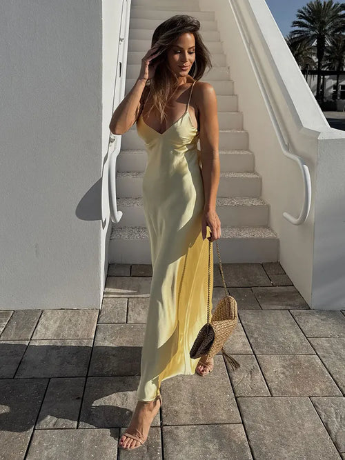 HH Pink Stain Sling Dresses Women Elegant V Neck Sleeveless Backless Slim Long Dress 2025 Summer Lady Party Holiday Dress