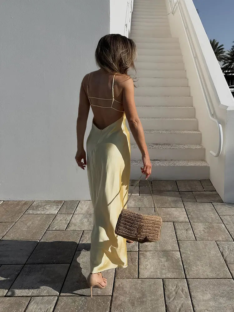 HH Pink Stain Sling Dresses Women Elegant V Neck Sleeveless Backless Slim Long Dress 2025 Summer Lady Party Holiday Dress