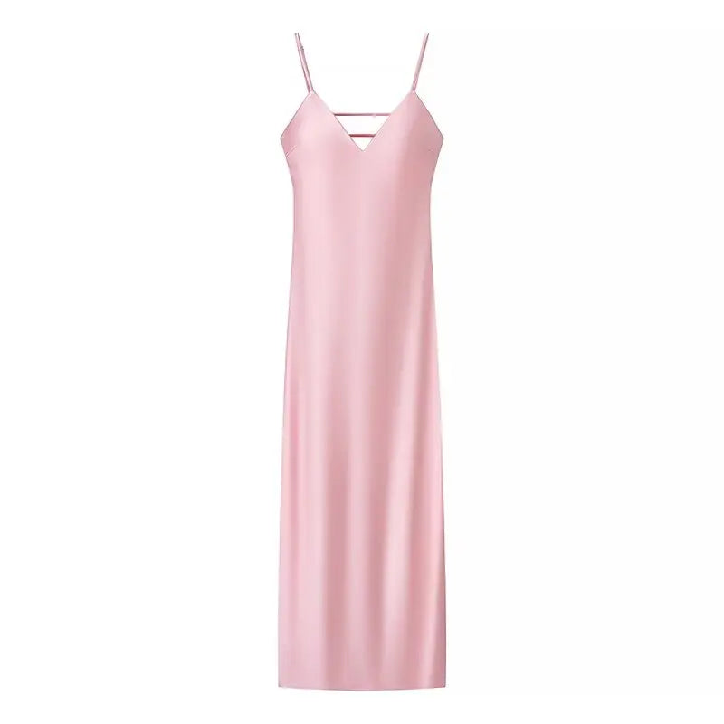 HH Pink Stain Sling Dresses Women Elegant V Neck Sleeveless Backless Slim Long Dress 2025 Summer Lady Party Holiday Dress